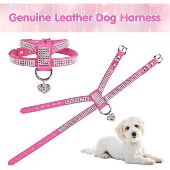 Dog Harness Genuine Leather Soft Padded Pet Sparkly Rhinestone Vest with Heart - Picture 4 of 6